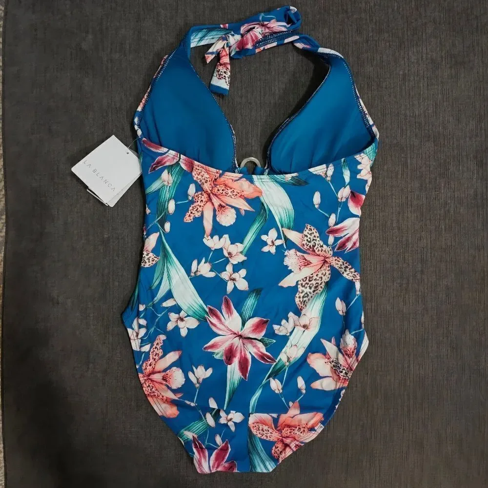 La Blanca women's Flyaway Orchid floral Plunge One-Piece Halter Swimsuit size 8